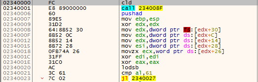 Shellcode starting with well known Module List access instructions