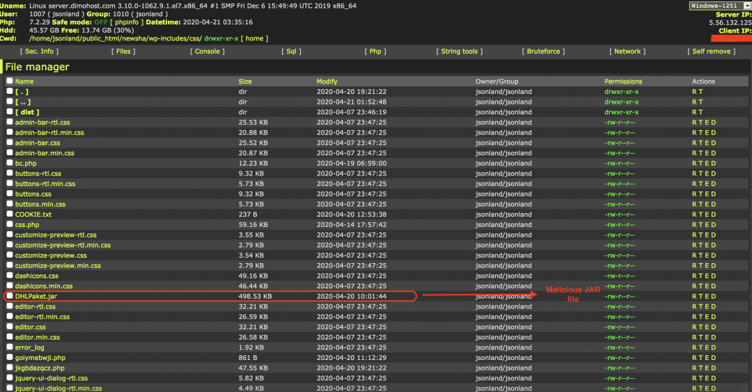 PHP web shell on the server.
