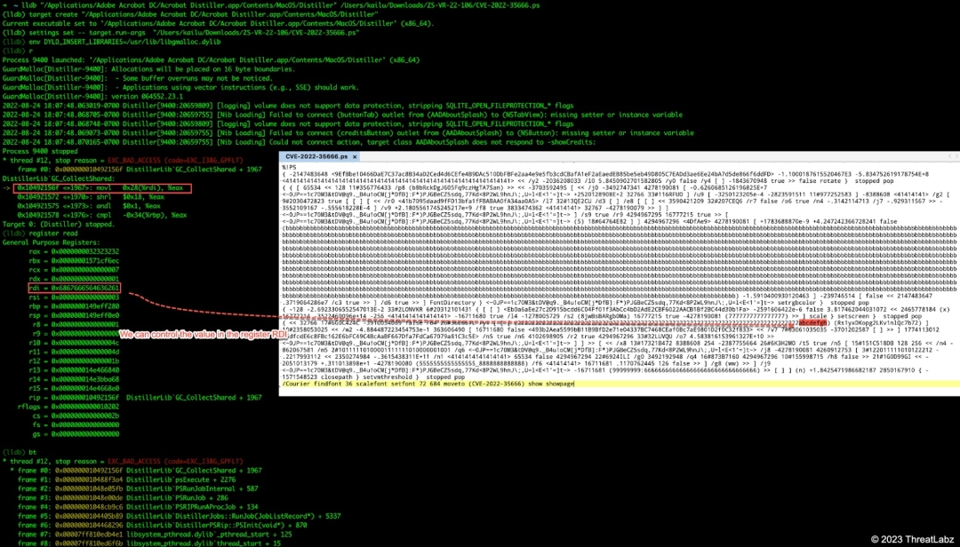 Figure 12. The location where the crash for CVE-2022-35666 occurs in the debugger LLDB