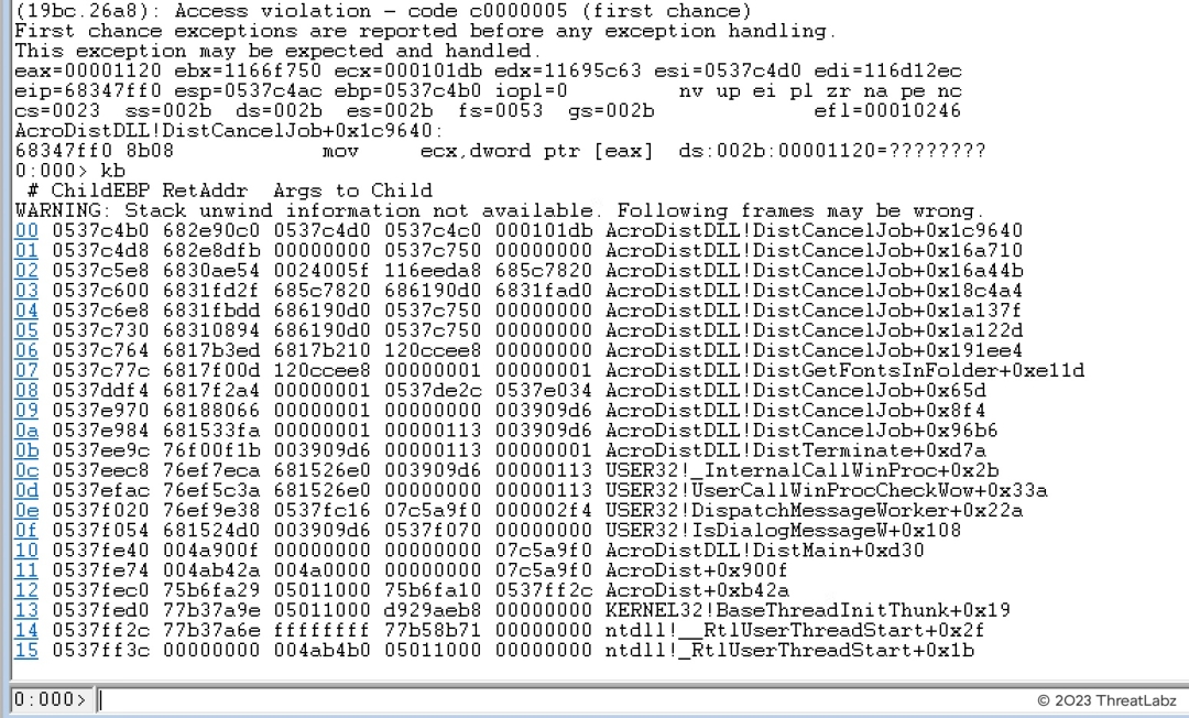 Figure 14. The crash information in Windbg for CVE-2022-35668