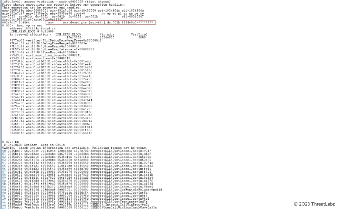 Figure 9. The crash information in WinDBG for CVE-2022-35665