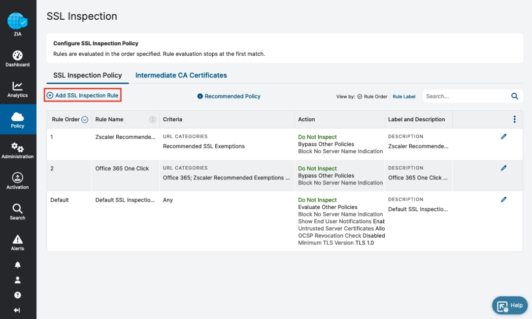 Default SSL TLS inspection policies