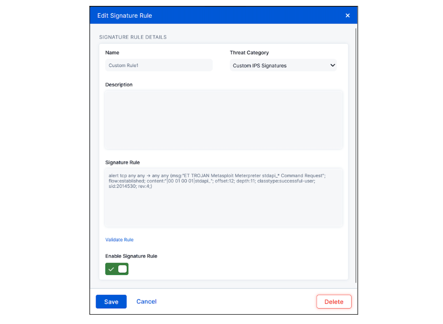 Editing a signature rule in ZIA Admin Portal