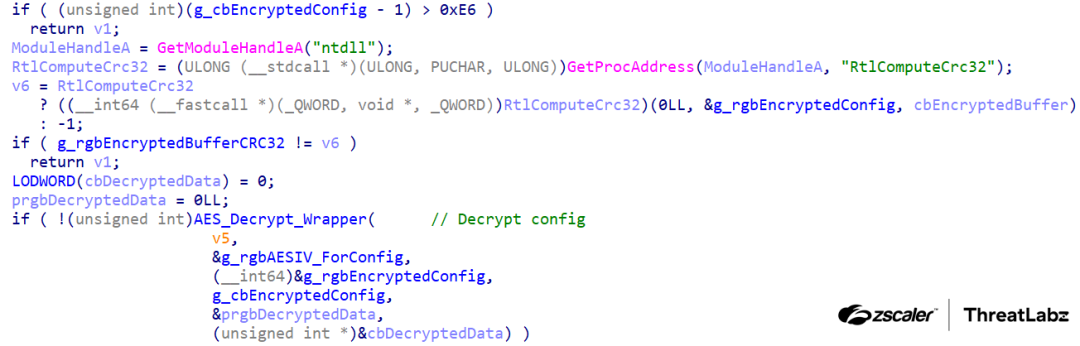 Figure 5: StealthVector uses the CRC32 hashing algorithm and AES-CBC algorithm for decryption.