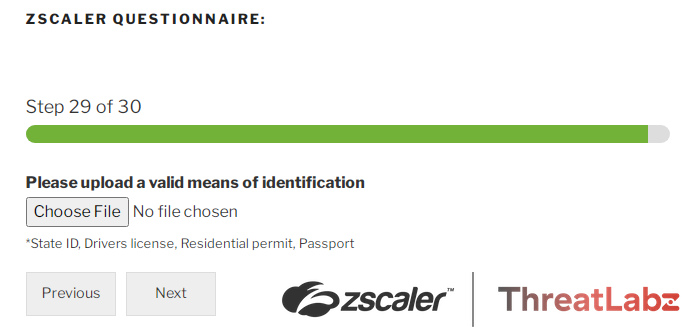 Fig 4 - Final step of fake job questionnaire asking the victim for a copy of an official document containing Personally Identifiable Information (PII)