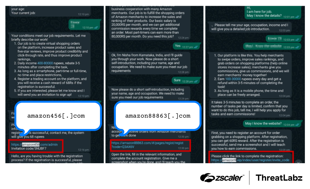 Figure 7: Scammers impersonating Amazon, making contact via WhatsApp, and encouraging victims to “apply” for a job.