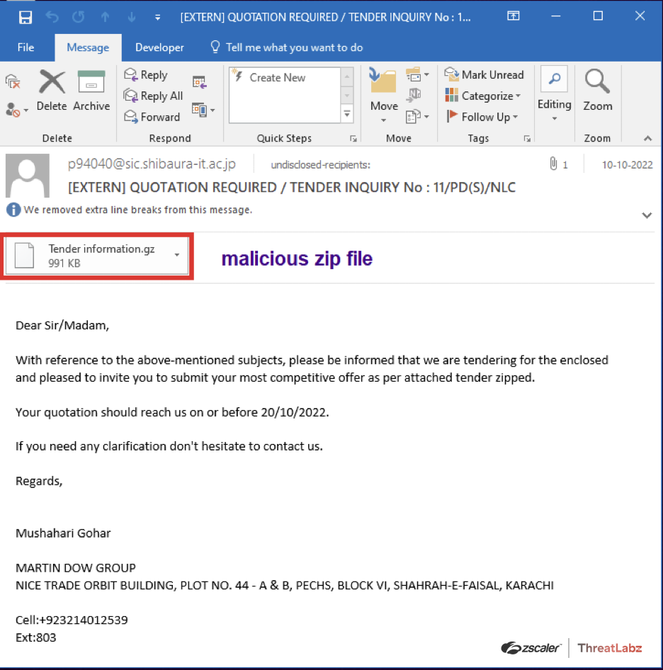 Fig. 10 - Phishing email imitating to be a Tender Invitation