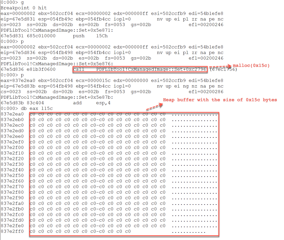 Allocated heap buffer with the size 0x15c bytes