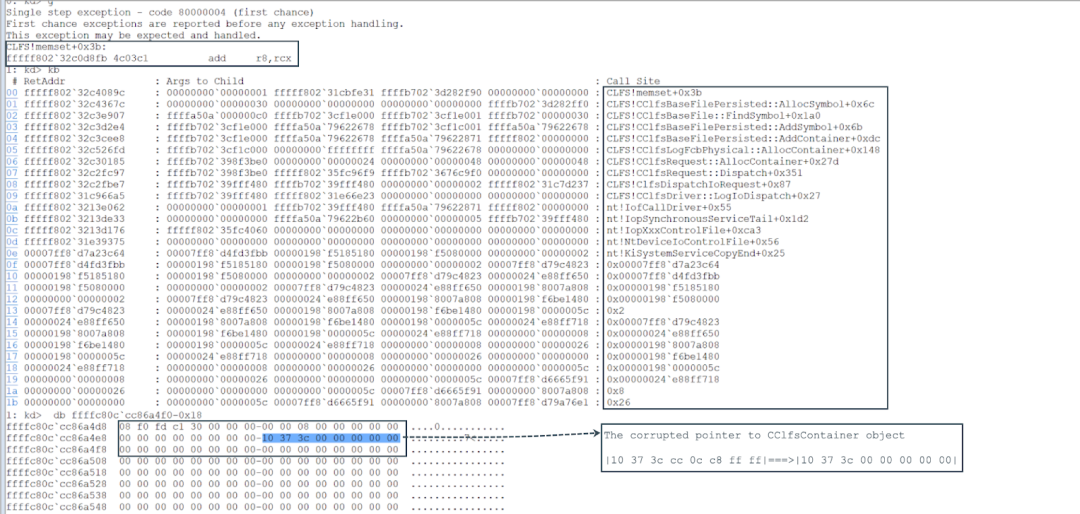 Corrupting the pointer to the CClfsContainer object in CLFS_CONTAINER_CONTEXT structure