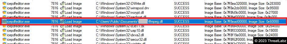 Figure 14 - Signed Binary “icepdfeditor.exe” sideloads the malicious Krita Loader DLL “ffmpeg.dll”.