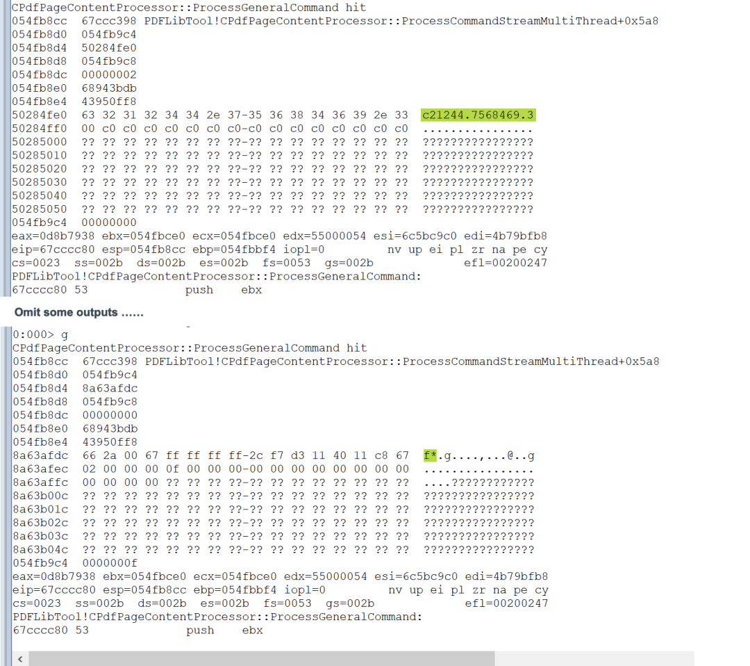 Output of breakpoint reached at PDFLibTool!CPdfPageContentProcessor::ProcessGeneralCommand