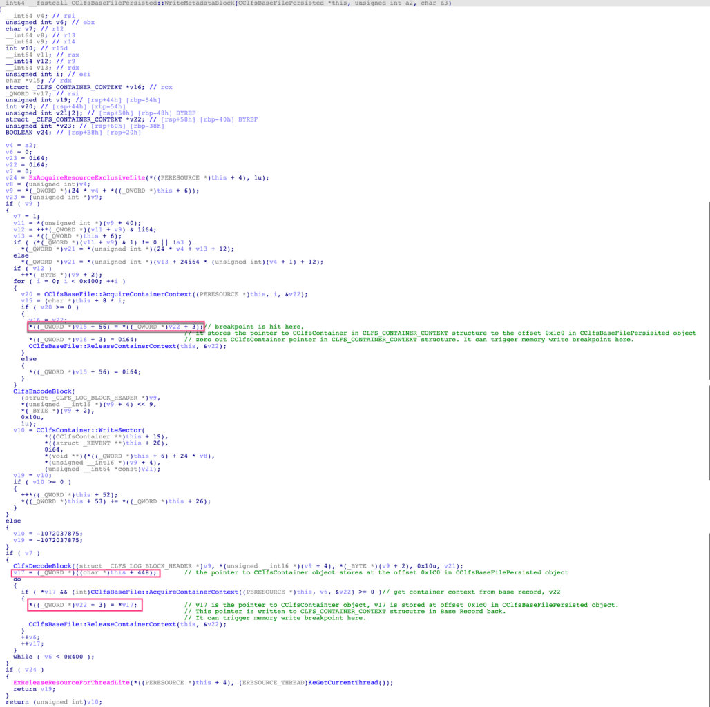 The pseudocode of the ClfsBaseFilePersisted::WriteMetadataBlock function