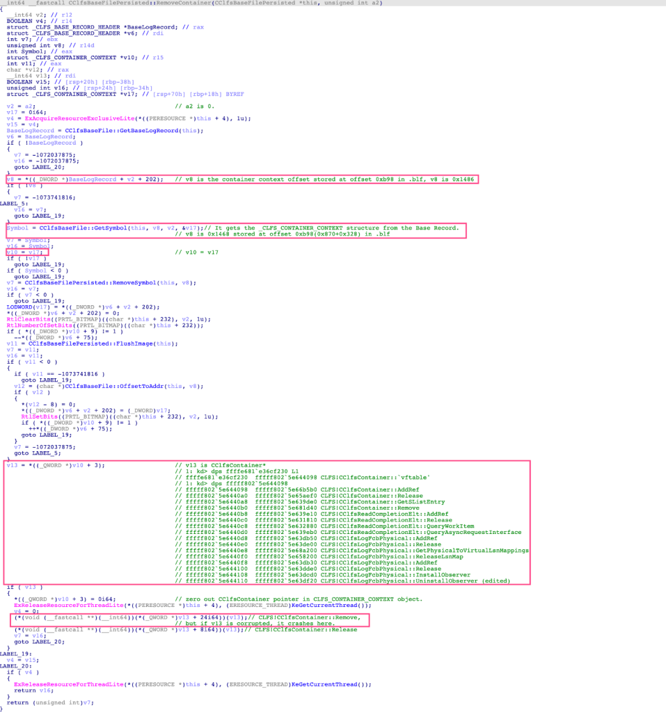 The pseudocode of the CClfsBaseFilePersisted::RemoveContainer function