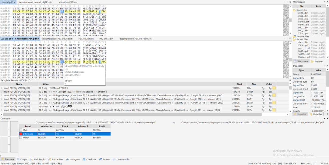 Comparison between a normal PDF file and the minimized PoC file that triggers CVE-2021-44708