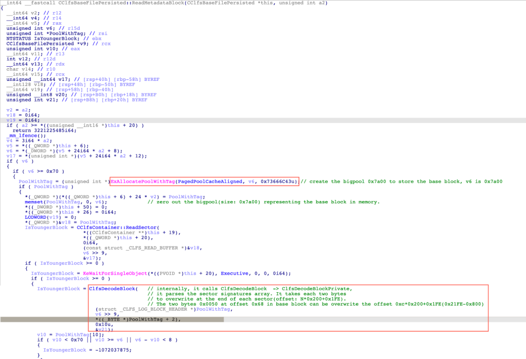 The pseudo-code snippet of the CClfsBaseFilePersisted::ReadMetadataBlock function