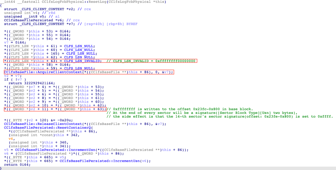 The pseudo-code snippet of the CClfsLogFcbPhysical::ResetLog function