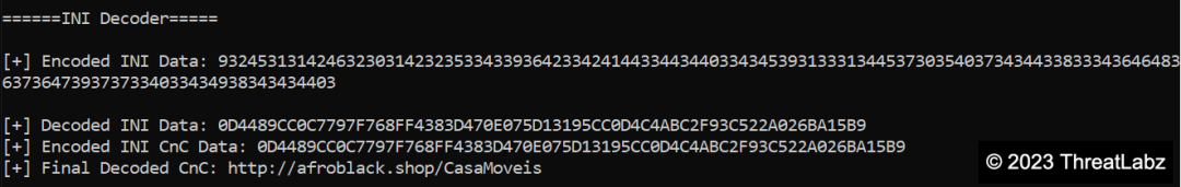 Figure 29 - Showcases the INI Configuration Decryptor, which reveals the Command & Control (C&C) URL.