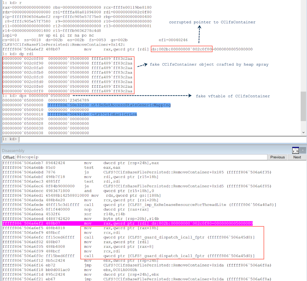 Dereference the corrupted pointer to the CClfsContainer object