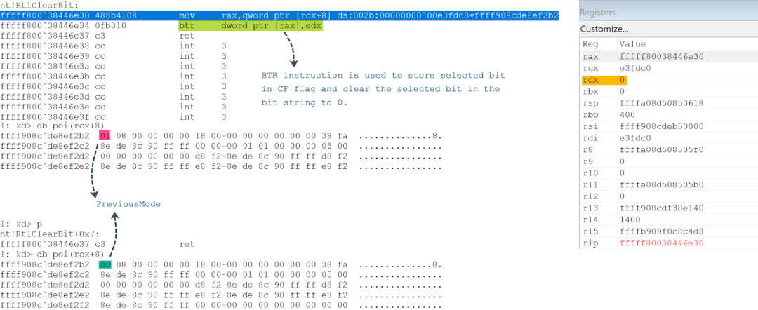 PreviousMode is set to 0 via calling nt!RtlClearBit