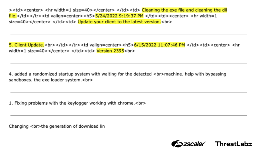 Sample change log discovered in DanaBot C2 server memory leaks.