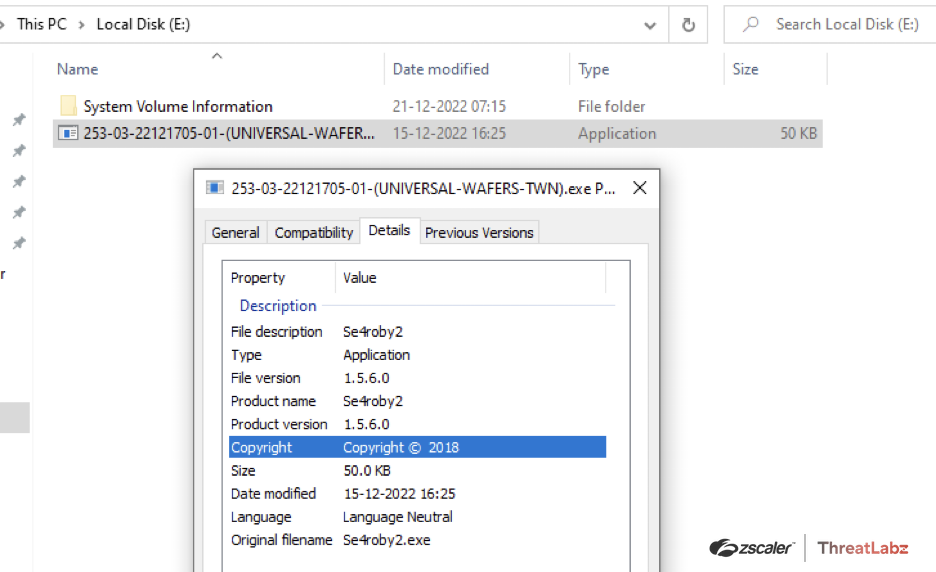 Fig. 5 - Malicious payload file properties of custom downloader