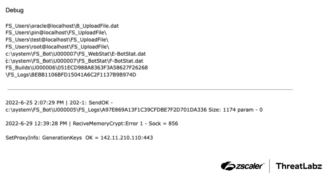 Sample debug information identified in DanaBot C2 server memory leaks.