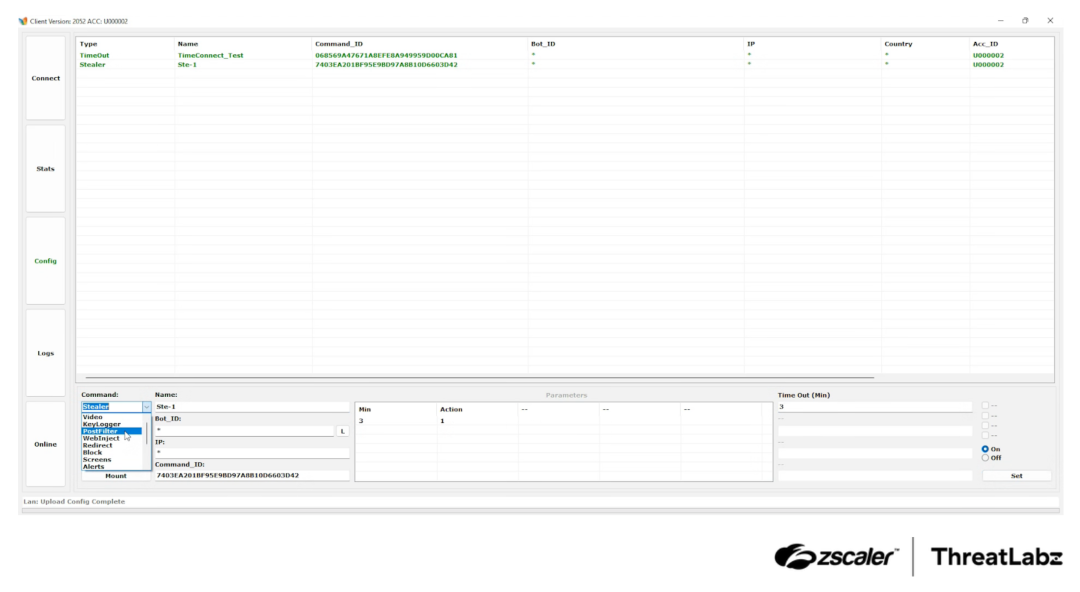 DanaBot administration client command configuration menu.