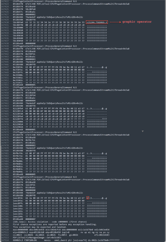 Output of the breakpoint at CPdfPageContentProcessor::ProcessGeneralCommand