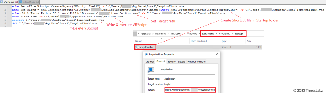 Figure 8 - Batch script creating LNK file in the StartUp folder for persistence.