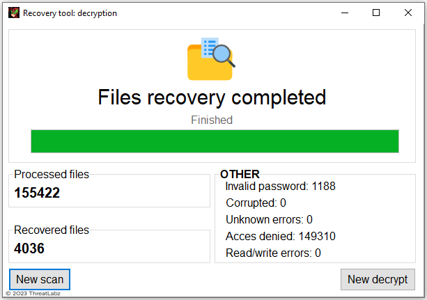 Figure 9. Trigona ransomware decryption tool after completion