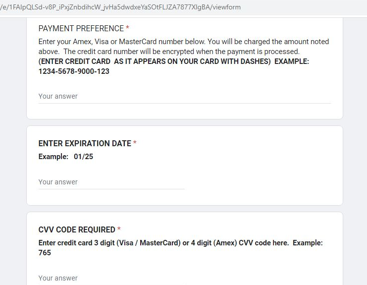 Figure 11: A screenshot of the payment card details the user is asked to enter into a Google Form page 