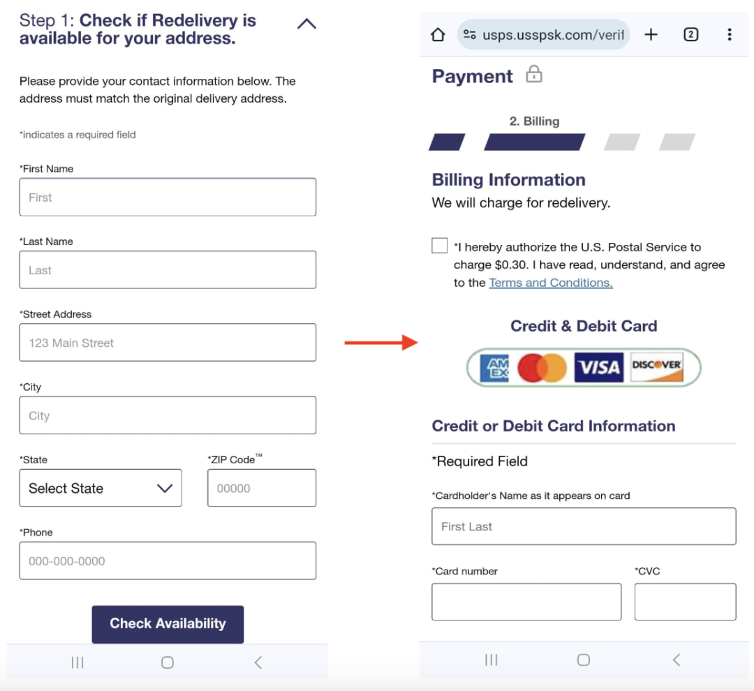 Figure 4: Fake USPS website asking for payment and address details