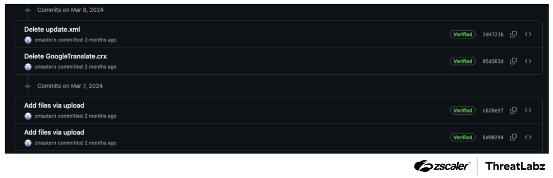 Figure 2: Kimsuky GitHub commit log shows the addition and removal of an XML file and TRANSLATEXT after only one day.