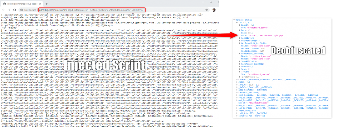 Malicious skimmer code hosted on BigCommerce CDN.