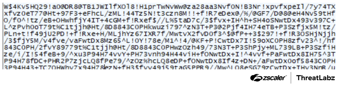 Figure 8: The malicious file Base64-encoded file with special character replacement.