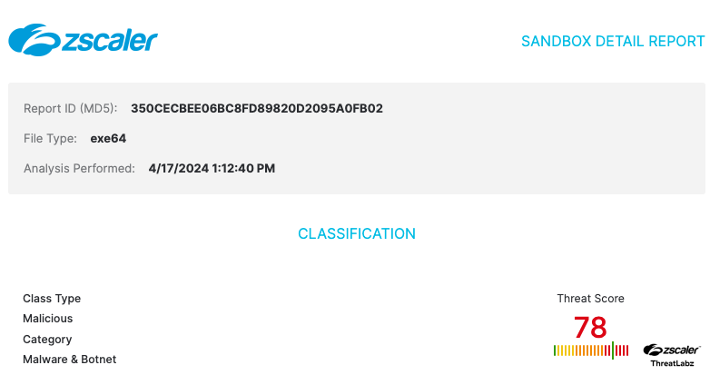 Figure 8: Zscaler Cloud Sandbox report