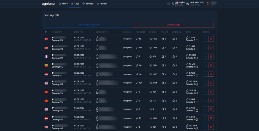 Logs tab showing victim logs.